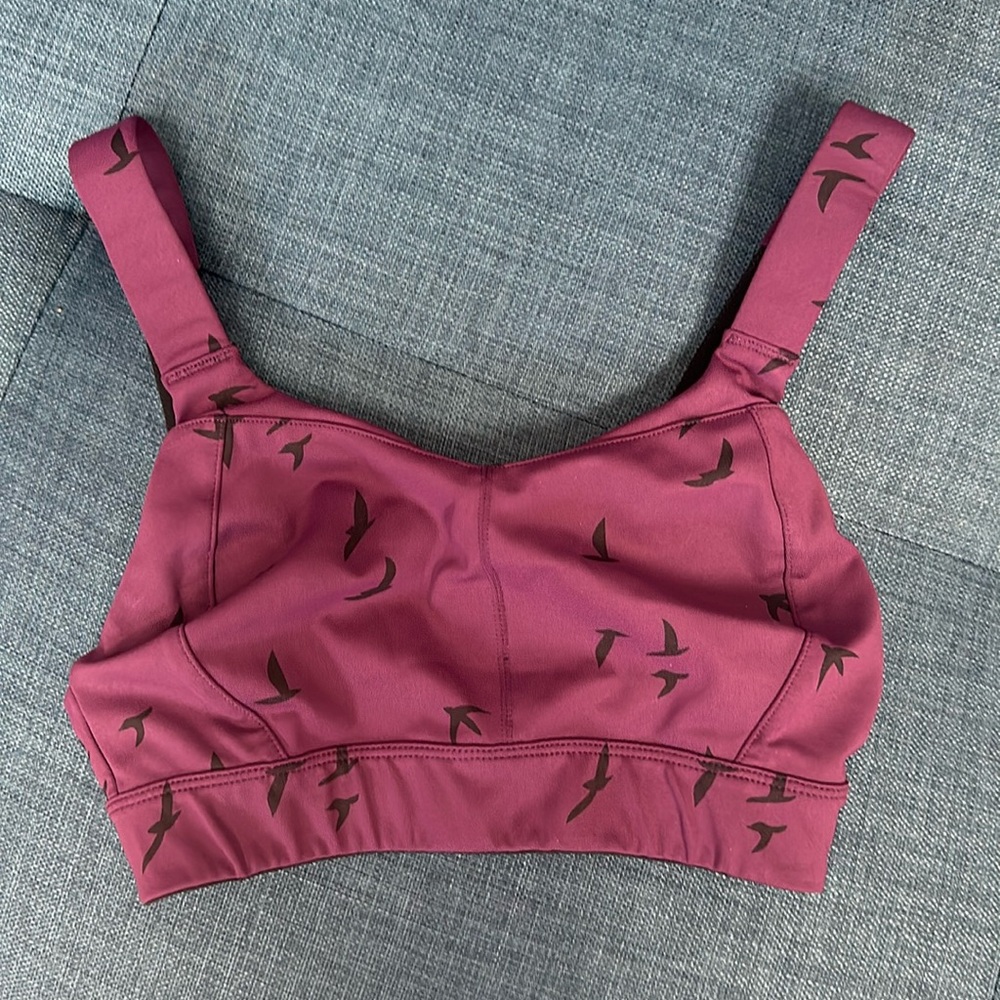Oiselle Ester Bra size 2 purple new empire flying birds